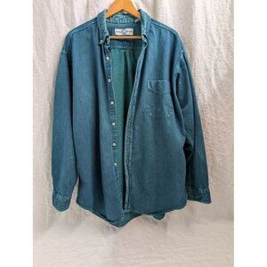 VNTG World Island Mens XL dyed teal denim button up shirt shacket 100% cotton J7